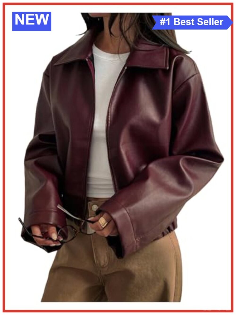 Faux Leather Jacket Zip Up Stand Collar Drop Shoulder Y2K Style